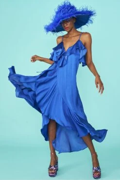 Blue Silk Blend Maxi Ruffle Dress