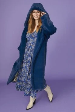Bold Blue Hooded Faux Fur Coat With Button Fastening