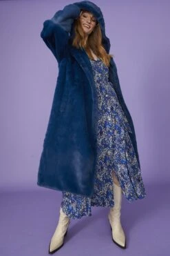 Bold Blue Hooded Faux Fur Coat With Button Fastening -Deals Fabulous Women Wear Store bold blue hooded faux fur coat with button fastening p11341 88747 image