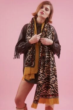 JAYLEY Animal Print Cashmere & Silk Blend Scarf With Animal And Stripe Design -Deals Fabulous Women Wear Store jayley animal print cashmere silk blend scarf with animal and stripe design p5249 64565 image