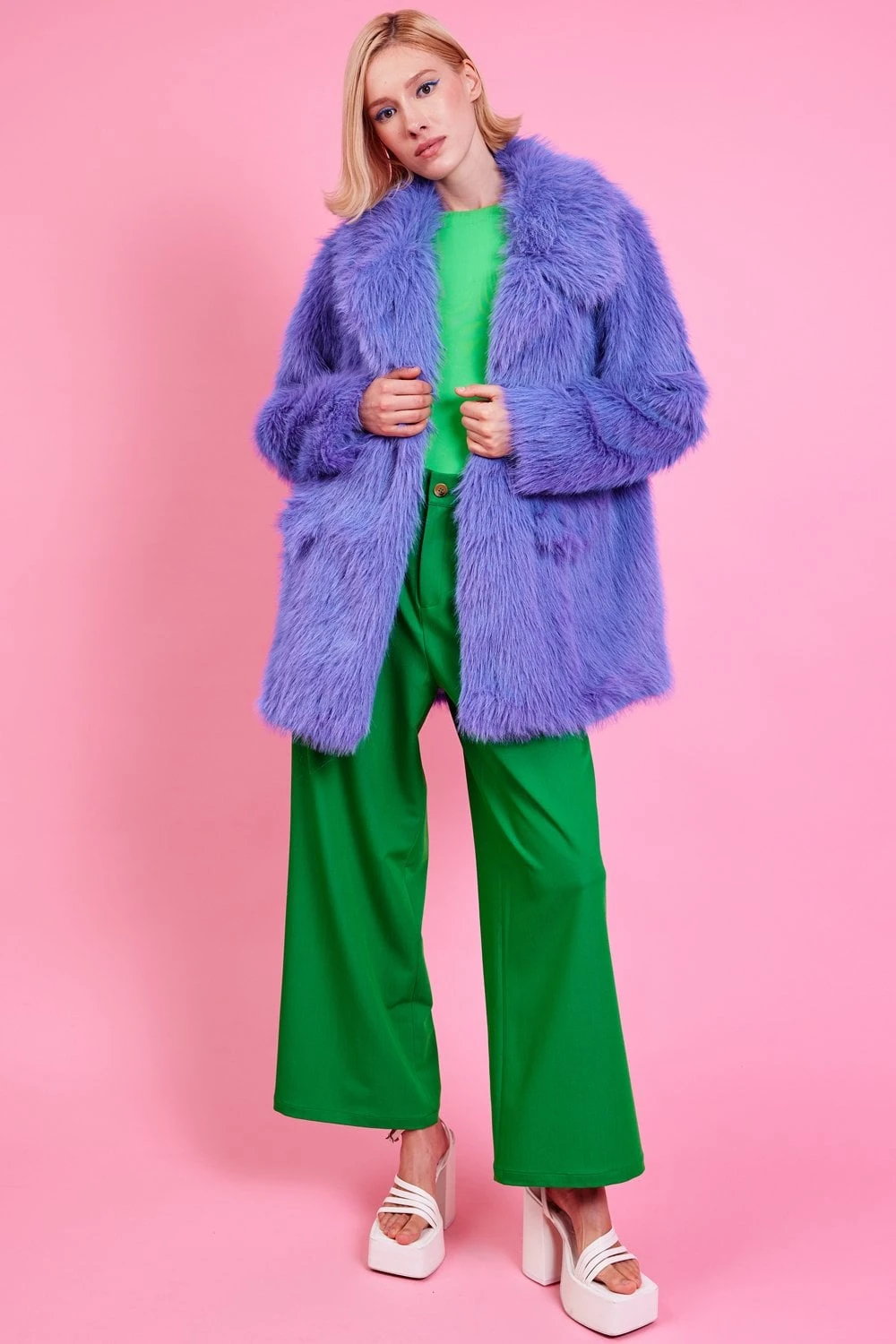 JAYLEY Bamboo Faux Fur Lilac Midi Coat 2 JAYLEY Bamboo Faux Fur Lilac Midi Coat - Image 2