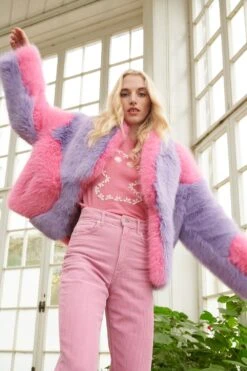JAYLEY Bamboo Faux Fur Pink And Purple Coat