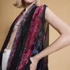 JAYLEY Black Devore Sleeveless Open Front Kaftan With Lace Details
