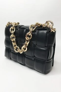 JAYLEY Black Eco Leather Cross Woven Clutch Bag With Gold Chain