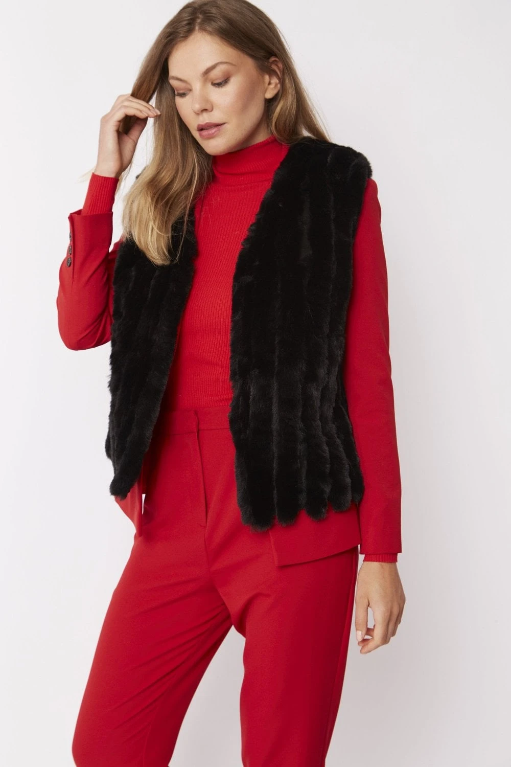 JAYLEY Black Faux Fur Faux Suede Vertical Stripe Gilet 2 JAYLEY Black Faux Fur Faux Suede Vertical Stripe Gilet - Image 2