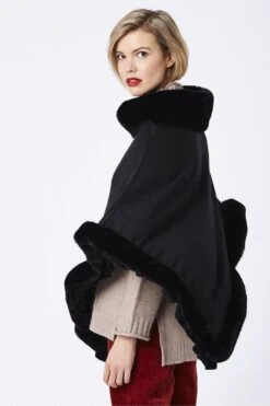JAYLEY Black Faux Fur Trim Poncho