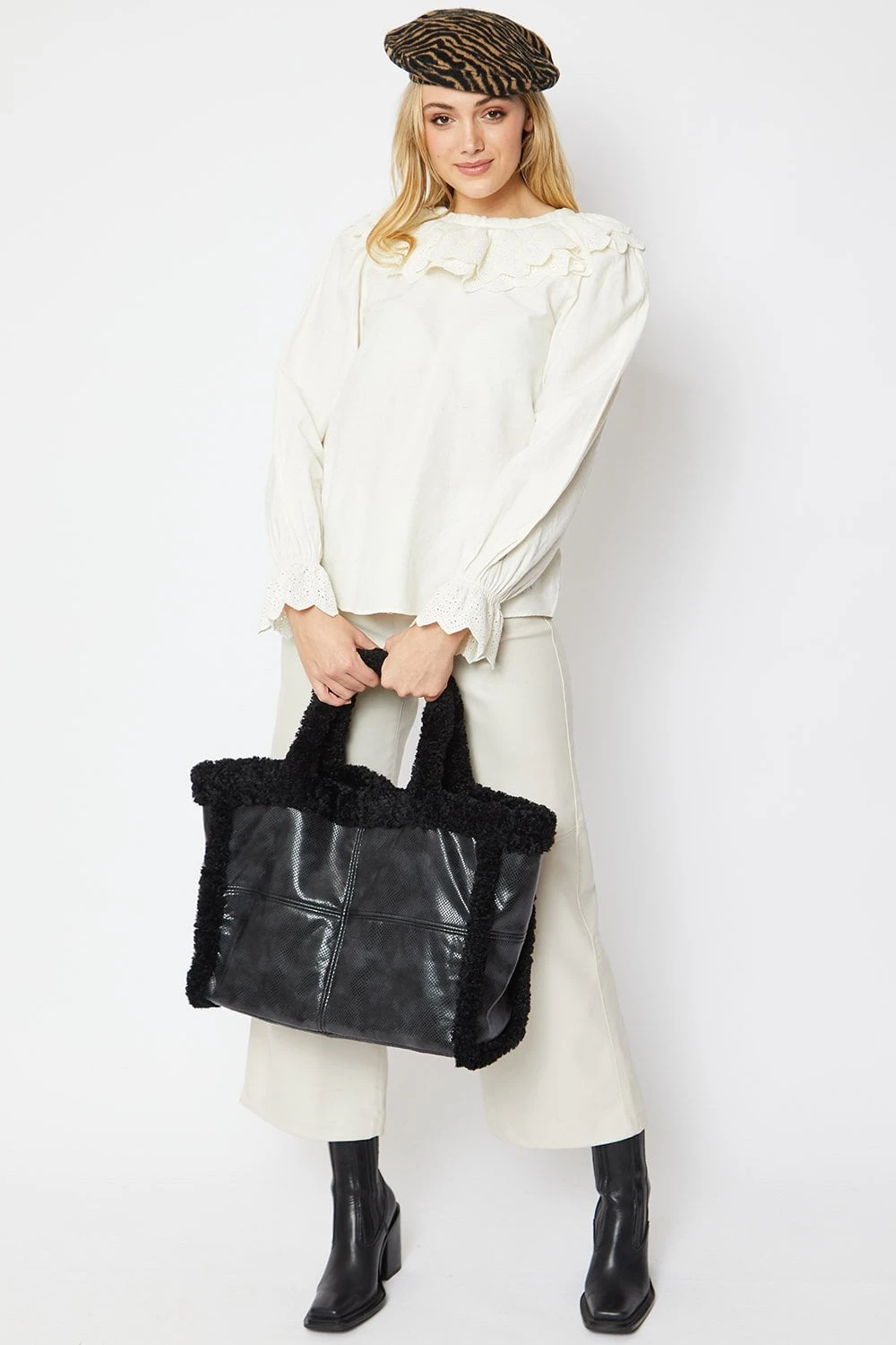 JAYLEY Black Faux Shearling Large Tote Shopper Bag 1 JAYLEY Black Faux Shearling Large Tote Shopper Bag