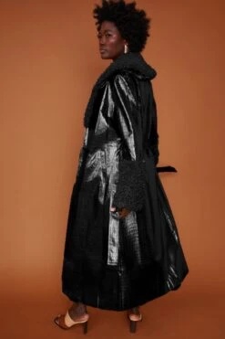 JAYLEY Black Faux Suede Coat With Detachable Faux Shearling Cuffs & Collar