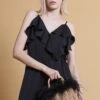 JAYLEY Black Hand Made Salines Straw Bag With Ostrich Feather