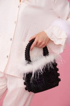 JAYLEY Black Handmade Pearl Tote Bag With Feather Trim -Deals Fabulous Women Wear Store jayley black handmade pearl tote bag with feather trim p11755 84136 image