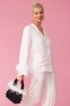 JAYLEY Black Handmade Pearl Tote Bag With Feather Trim -Deals Fabulous Women Wear Store jayley black handmade pearl tote bag with feather trim p11755 84137 image