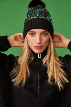 JAYLEY Black Sequin Hat With Faux Fur Bobble