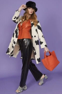 JAYLEY Black Silk Blend & Faux Suede Cow Print Coat
