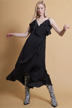 JAYLEY Black Silk Blend Maxi Ruffle Dress