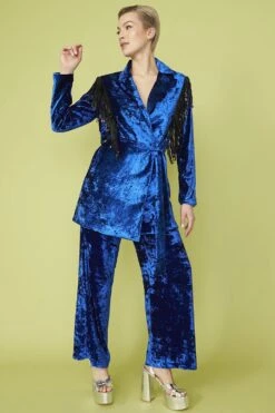 JAYLEY Blue Crushed Velvet Blazer Dress With Sequin Tassels