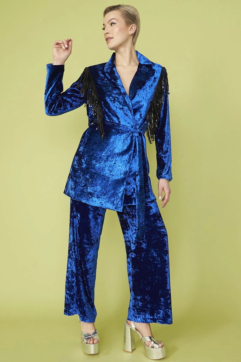 JAYLEY Blue Crushed Velvet Blazer Dress With Sequin Tassels 1 JAYLEY Blue Crushed Velvet Blazer Dress With Sequin Tassels