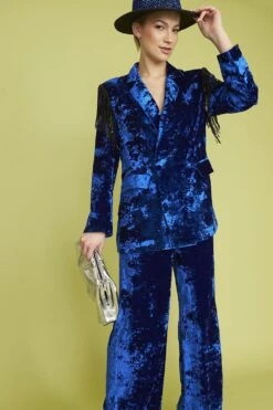 JAYLEY Blue Crushed Velvet Blazer Jacket
