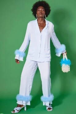 JAYLEY Blue Handmade Pearl Tote Bag With Feather Trim -Deals Fabulous Women Wear Store jayley blue handmade pearl tote bag with feather trim p2748 73930 image