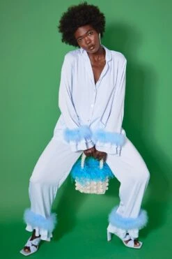 JAYLEY Blue Handmade Pearl Tote Bag With Feather Trim -Deals Fabulous Women Wear Store jayley blue handmade pearl tote bag with feather trim p2748 73931 image