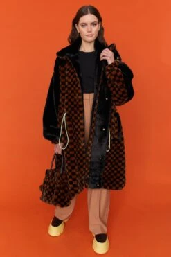 JAYLEY Brown And Black Checkered Faux Fur Bag Faux Fur Bag -Deals Fabulous Women Wear Store jayley brown and black checkered faux fur bag faux fur bag p11601 80925 image