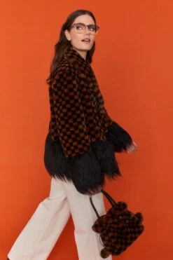 JAYLEY Brown And Black Checkered Faux Fur Bag Faux Fur Bag -Deals Fabulous Women Wear Store jayley brown and black checkered faux fur bag faux fur bag p11601 80928 image