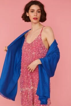 JAYLEY Cashmere Blend Wrap In Blue With Fringed Hem And Logo -Deals Fabulous Women Wear Store jayley cashmere blend wrap in blue with fringed hem and logo p11659 81372 image