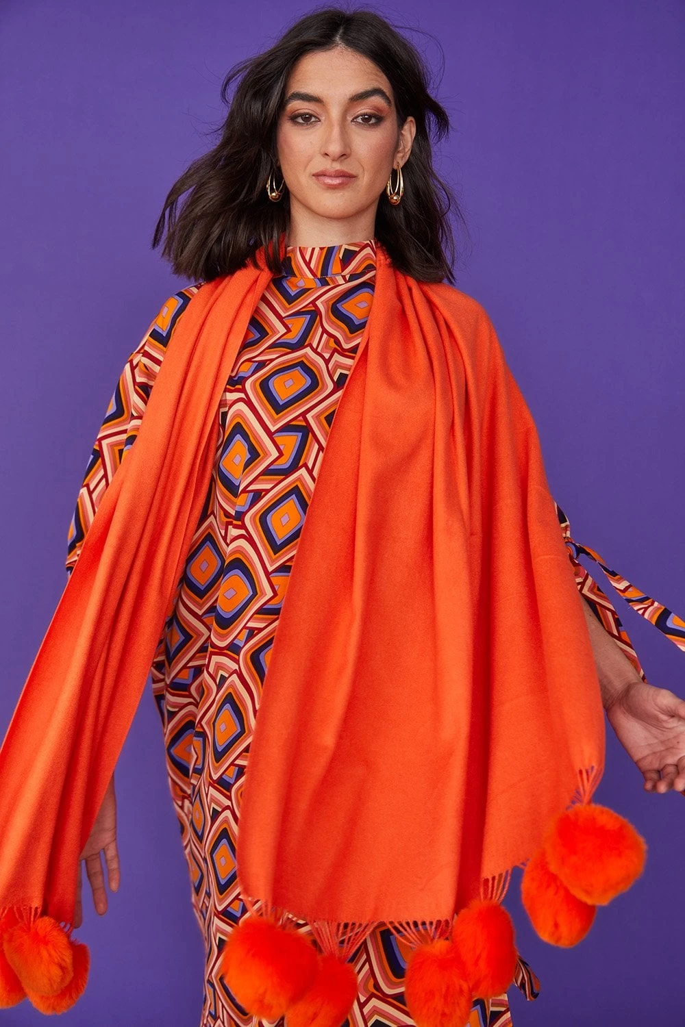 JAYLEY Cashmere Blend Wrap With Love Heart Poms In Orange 1 JAYLEY Cashmere Blend Wrap With Love Heart Poms In Orange