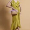JAYLEY Chartreuse Silk Blend Maxi Ruffle Wrap Dress