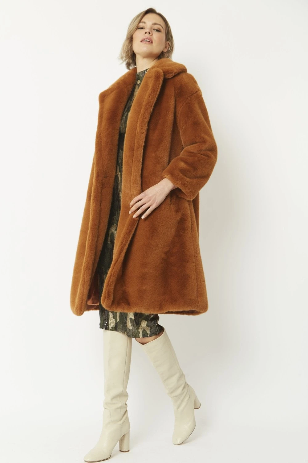 JAYLEY Chocolate Faux Fur Mid-length Coat 1 JAYLEY Chocolate Faux Fur Mid-length Coat