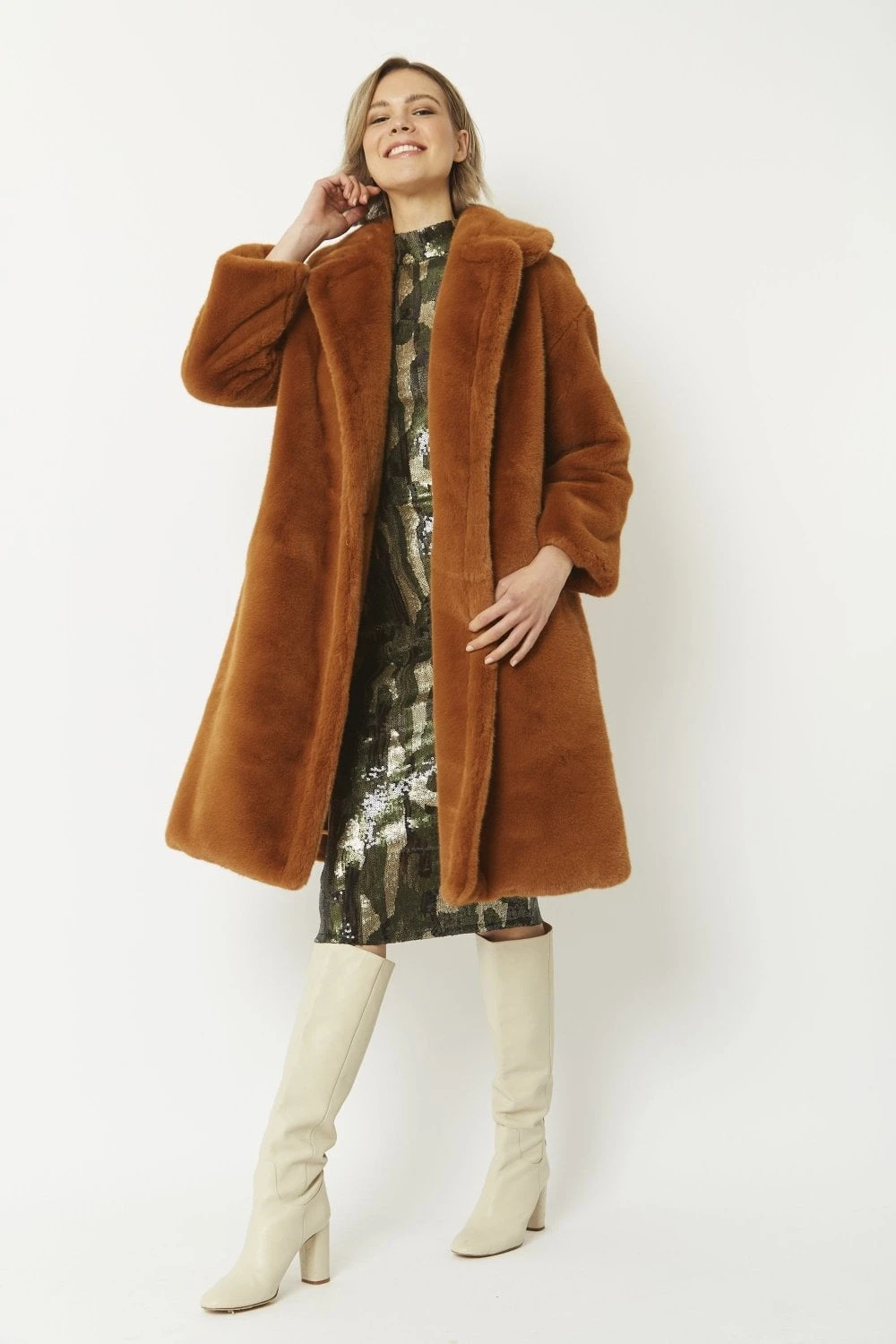 JAYLEY Chocolate Faux Fur Mid-length Coat 2 JAYLEY Chocolate Faux Fur Mid-length Coat - Image 2