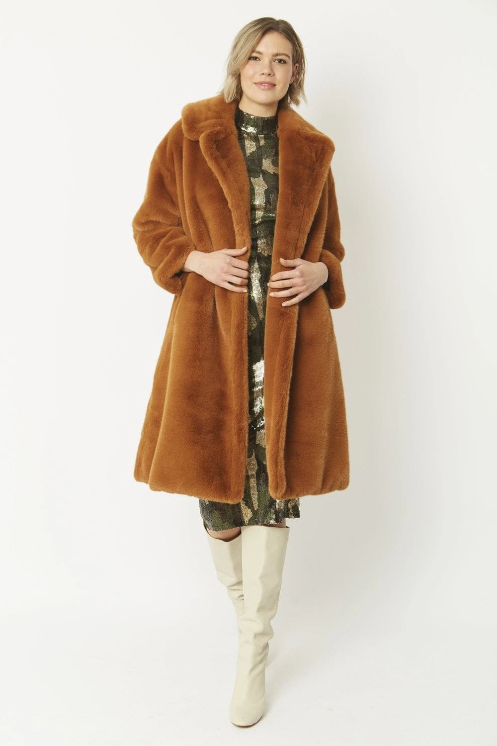 JAYLEY Chocolate Faux Fur Mid-length Coat 3 JAYLEY Chocolate Faux Fur Mid-length Coat - Image 3