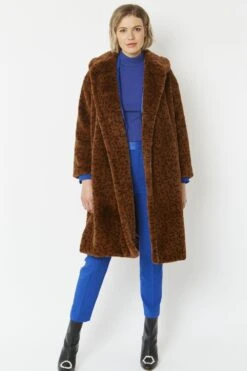 JAYLEY Chocolate Faux Fur Midi Shaved Shearling Coat