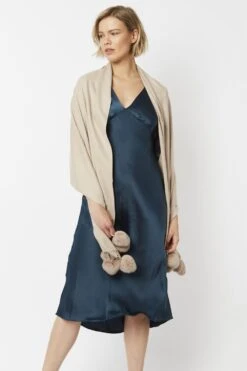 JAYLEY Cream Cashmere Blend Wrap With Heart Poms