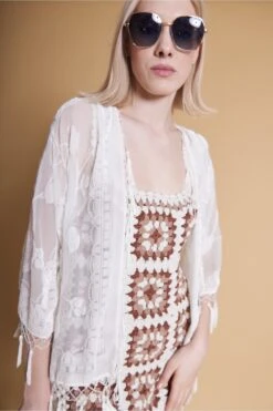 JAYLEY Cream Devore Tasseled Kimono Jacket