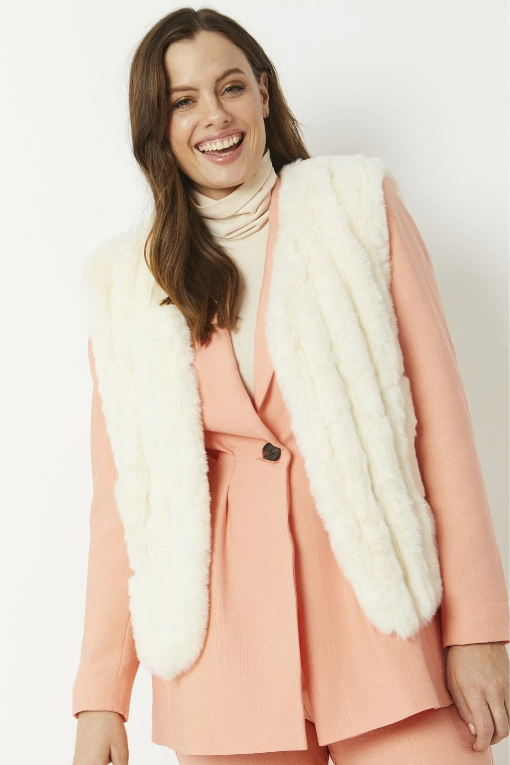 JAYLEY Cream Faux Fur Faux Suede Vertical Stripe Gilet 1 JAYLEY Cream Faux Fur Faux Suede Vertical Stripe Gilet