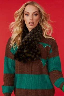 JAYLEY Dark Green Checkered Print Multi-way Faux Fur Scarf
