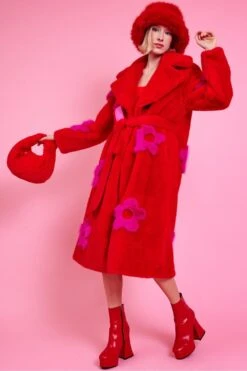 JAYLEY Eco Bamboo Red Faux Fur Coat With Pink Flower Detailing