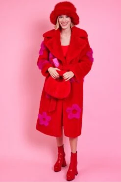 JAYLEY Eco Bamboo Red Faux Fur Coat With Pink Flower Detailing -Deals Fabulous Women Wear Store jayley eco bamboo red faux fur coat with pink flower detailing p14501 95832 image