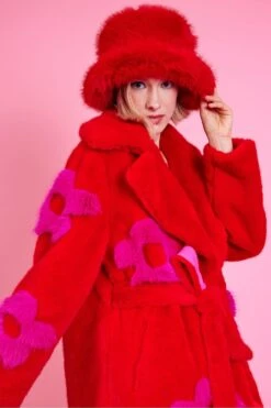 JAYLEY Eco Bamboo Red Faux Fur Coat With Pink Flower Detailing -Deals Fabulous Women Wear Store jayley eco bamboo red faux fur coat with pink flower detailing p14501 95833 image