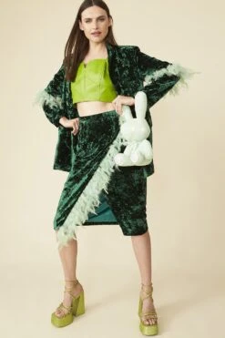 JAYLEY Emerald Green Velvet Blazer With Feather