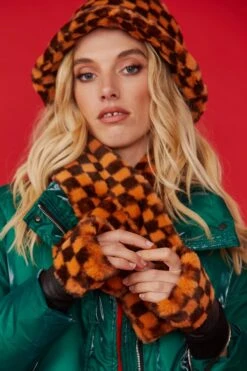 JAYLEY Faux Fur Check Fingerless Gloves