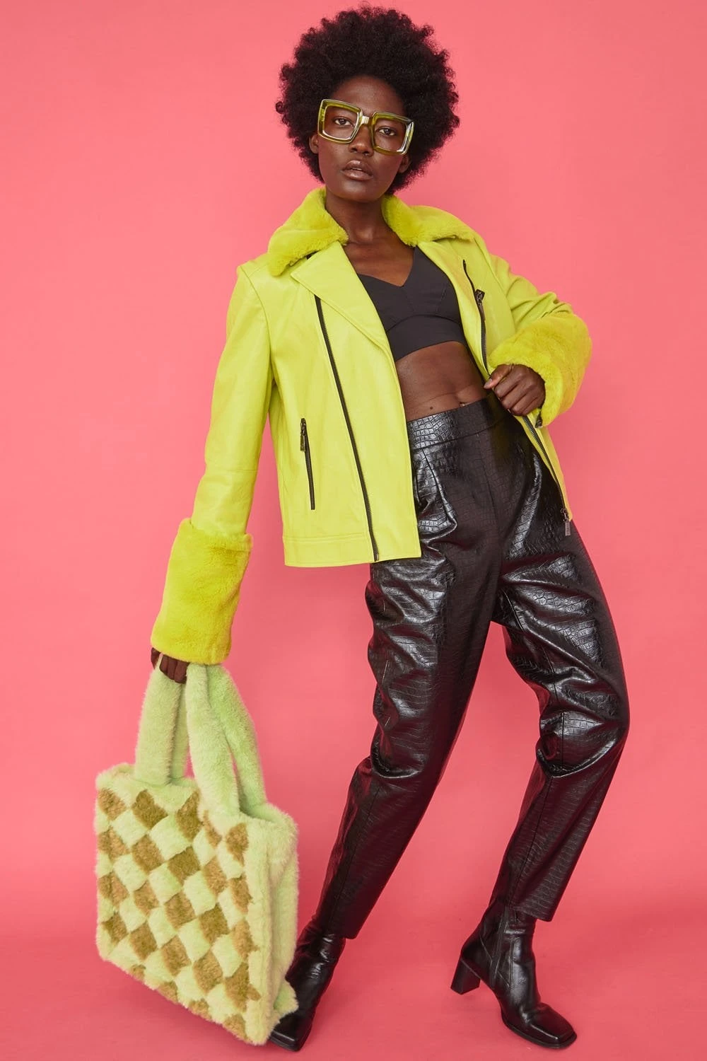 JAYLEY Faux Fur Hand Woven Checkered Tote Bag 1 JAYLEY Faux Fur Hand Woven Checkered Tote Bag