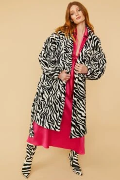 JAYLEY Faux Fur Zebra Print Midi Coat With Belt