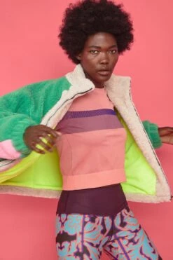 JAYLEY Faux Shearling Patchwork Jacket In Pink And Green