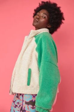 JAYLEY Faux Shearling Patchwork Jacket In Pink And Green -Deals Fabulous Women Wear Store jayley faux shearling patchwork jacket in pink and green p10663 74342 image