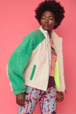 JAYLEY Faux Shearling Patchwork Jacket In Pink And Green -Deals Fabulous Women Wear Store jayley faux shearling patchwork jacket in pink and green p10663 74343 image