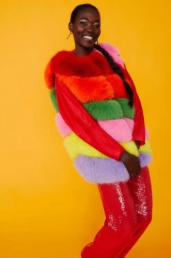 JAYLEY Gaga Faux Fur Striped Rainbow Gilet