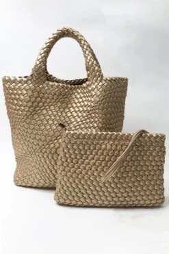 JAYLEY Gold Hand Knitted Leather Tote Bag With Matching Purse -Deals Fabulous Women Wear Store jayley gold hand knitted leather tote bag with matching purse p7501 73448 image
