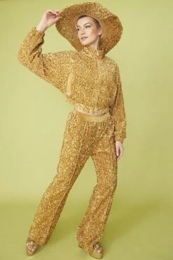 JAYLEY Gold Sequin Cropped Biker Jacket