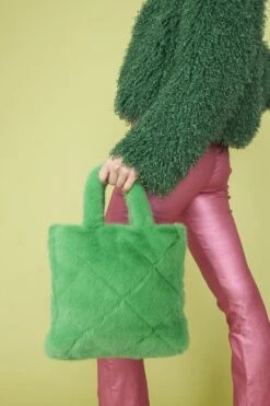 JAYLEY Green Faux Fur Diamond Stitch Tote Bag